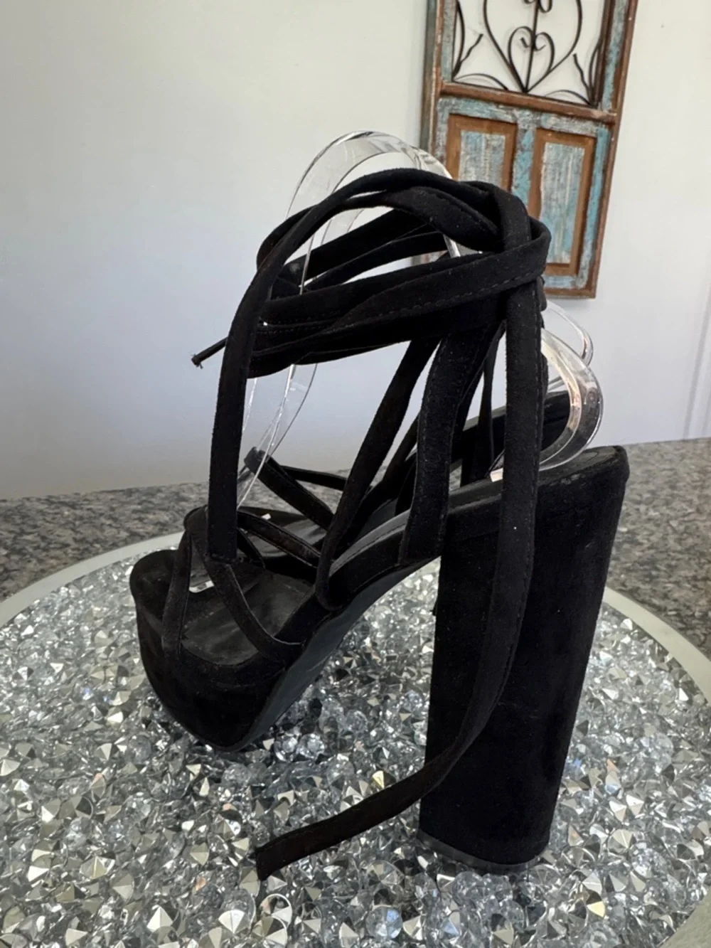 Fashion Nova Black Strappy Lace around ankle Platform Heels